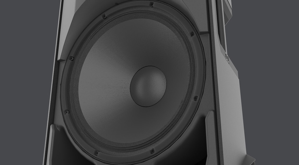 Alto-falante com a grade removida para mostrar o woofer.